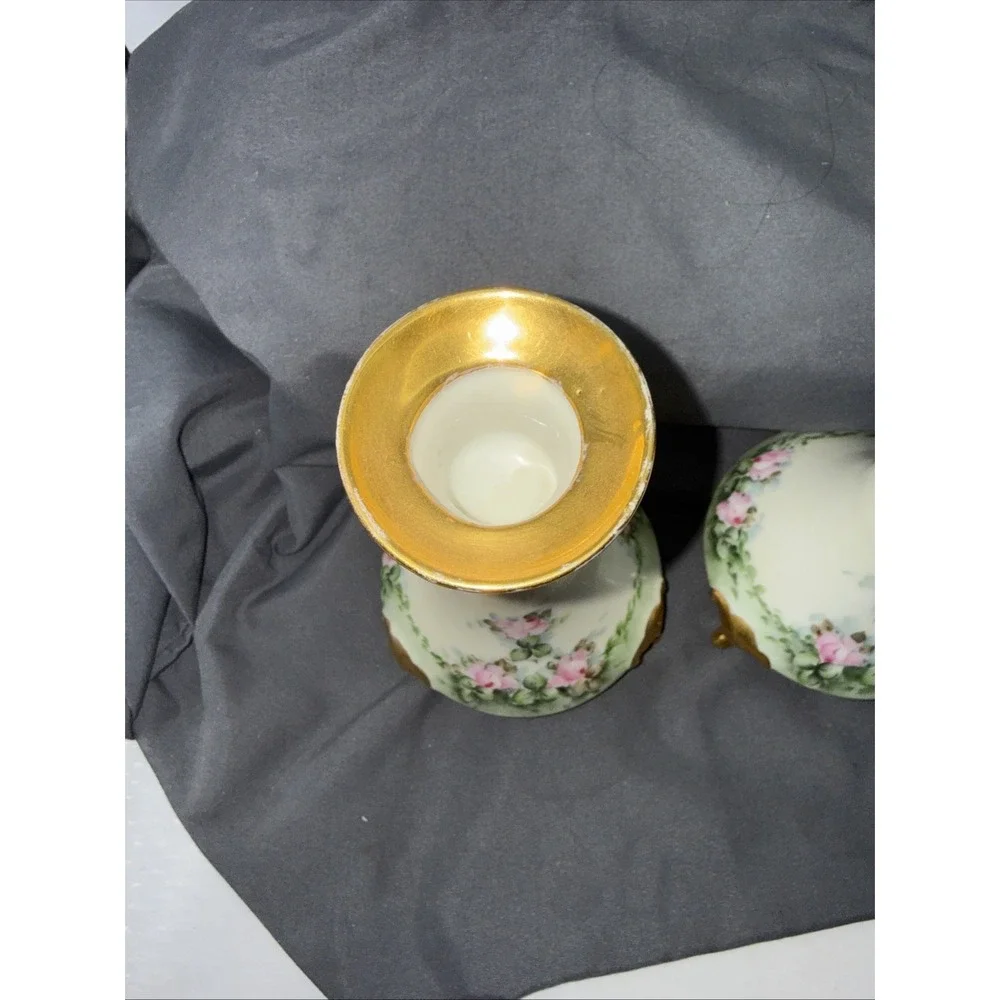 Limoges France Hand Painted Porcelain Candlesticks Gold Gilt Floral VTG Signed